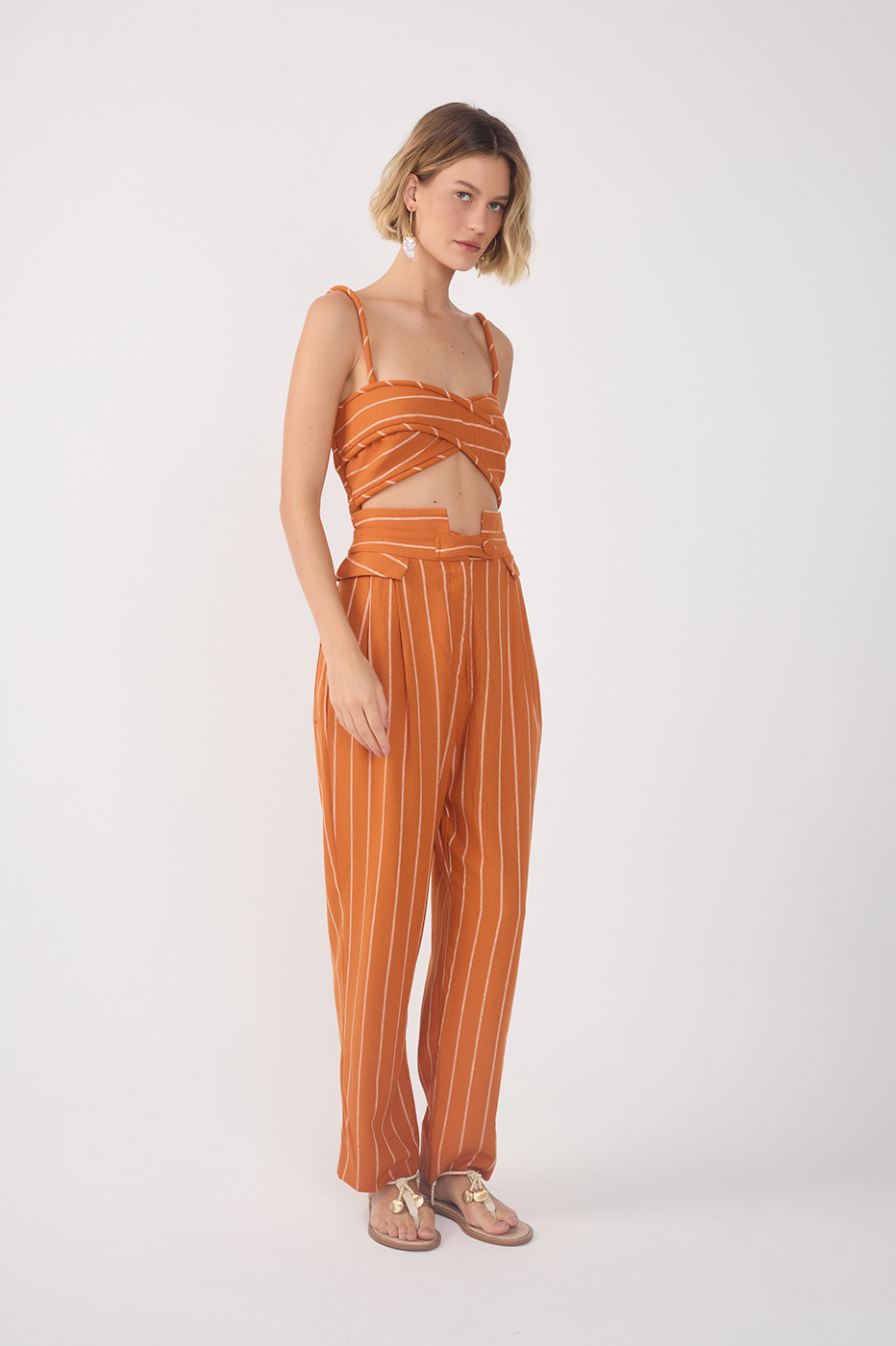Ochre Striped Pleated Wide-Leg Pants