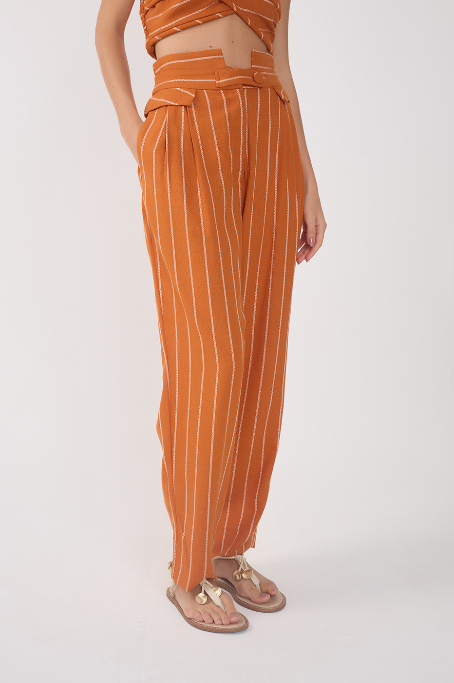 Ochre Striped Pleated Wide-Leg Pants