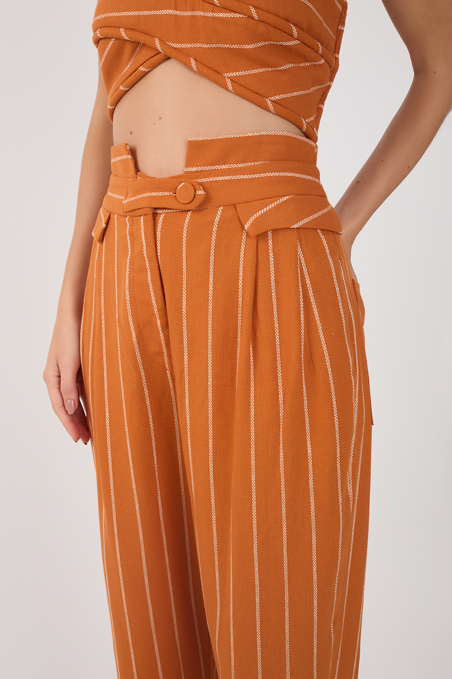 Ochre Striped Pleated Wide-Leg Pants