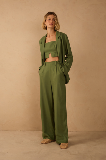 Green Pockets Belt Loops Linen Pants