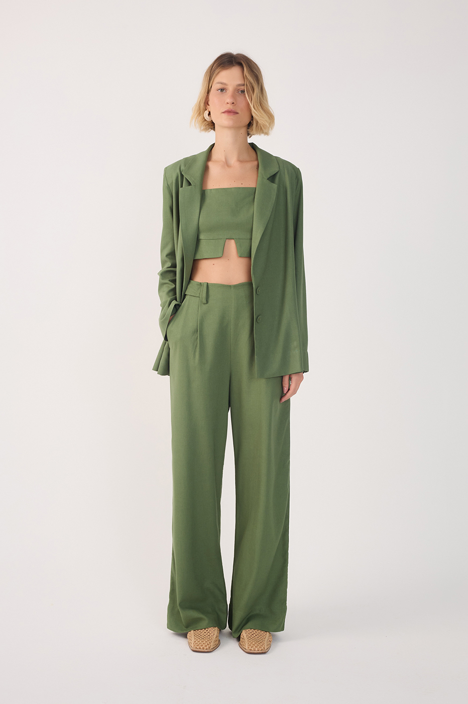 Green Pockets Belt Loops Linen Pants
