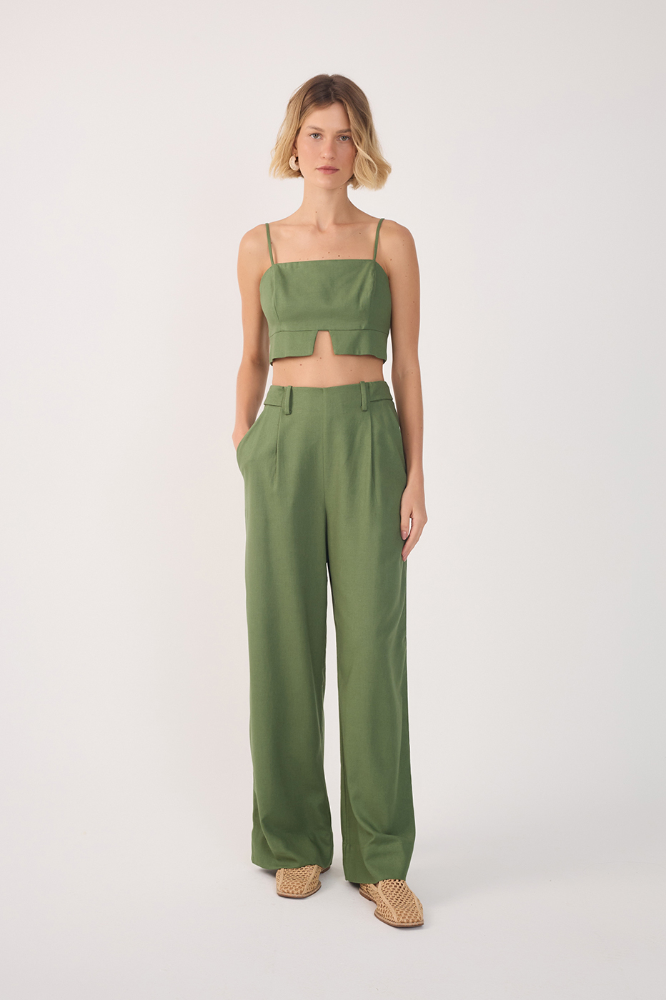 Green Pockets Belt Loops Linen Pants
