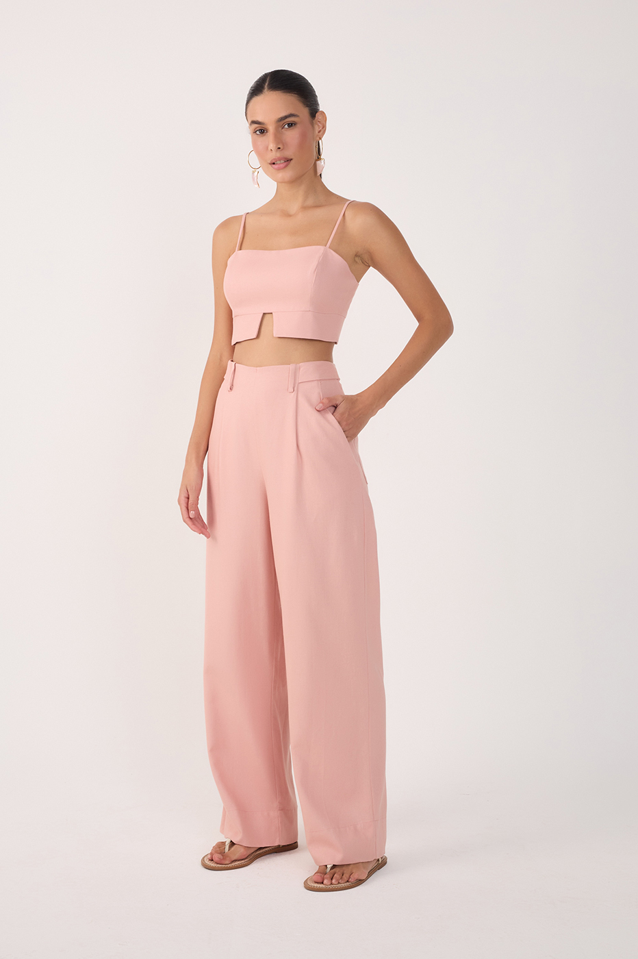 Pink Pockets Belt Loops Linen Pants