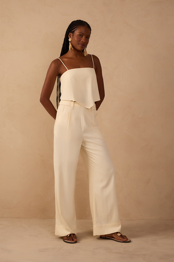 Beige Pockets Belt Loops Linen Pants