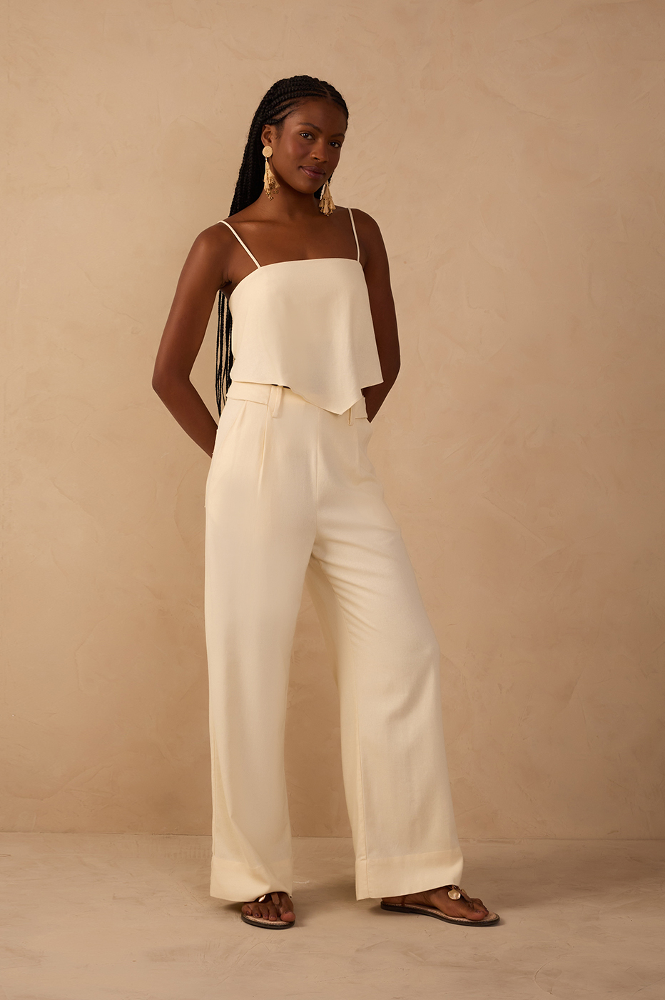 Beige Pockets Belt Loops Linen Pants