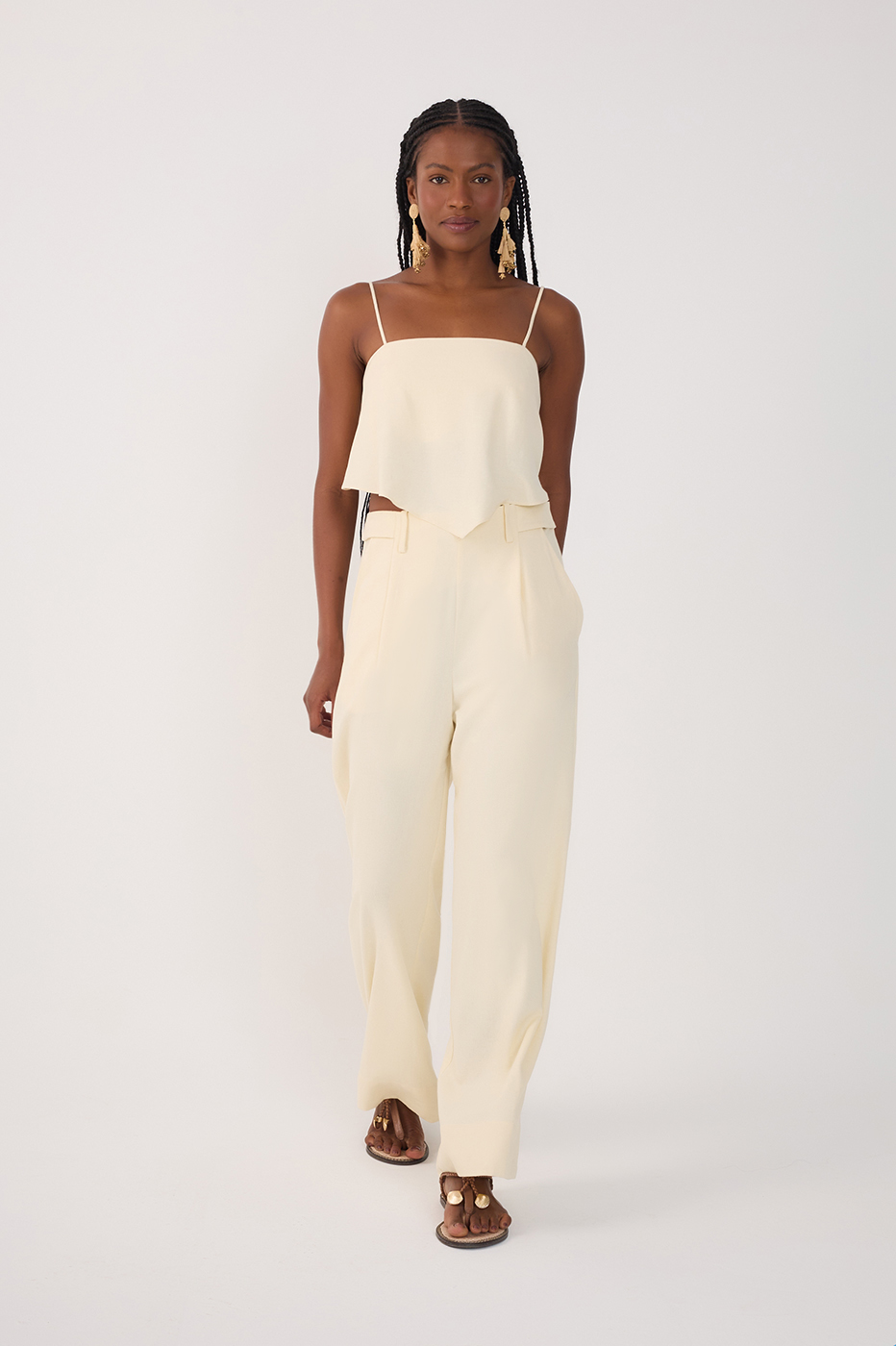 Beige Pockets Belt Loops Linen Pants