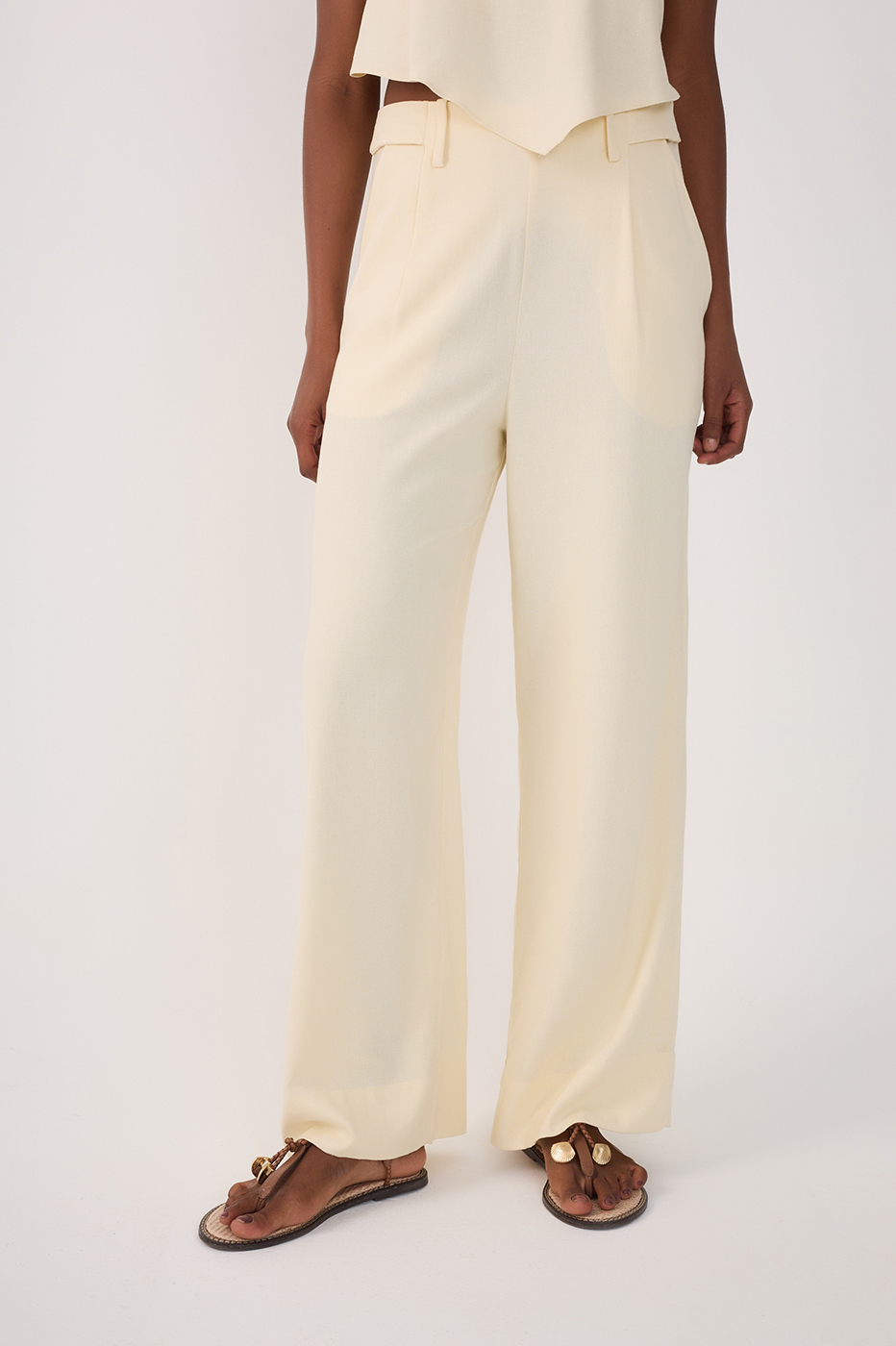 Beige Pockets Belt Loops Linen Pants