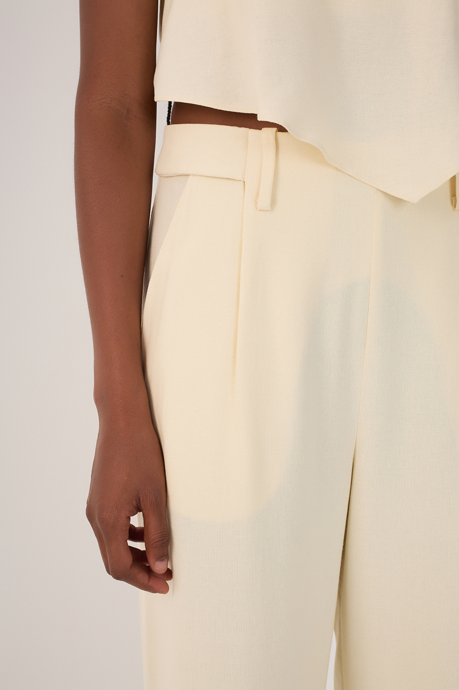 Beige Pockets Belt Loops Linen Pants