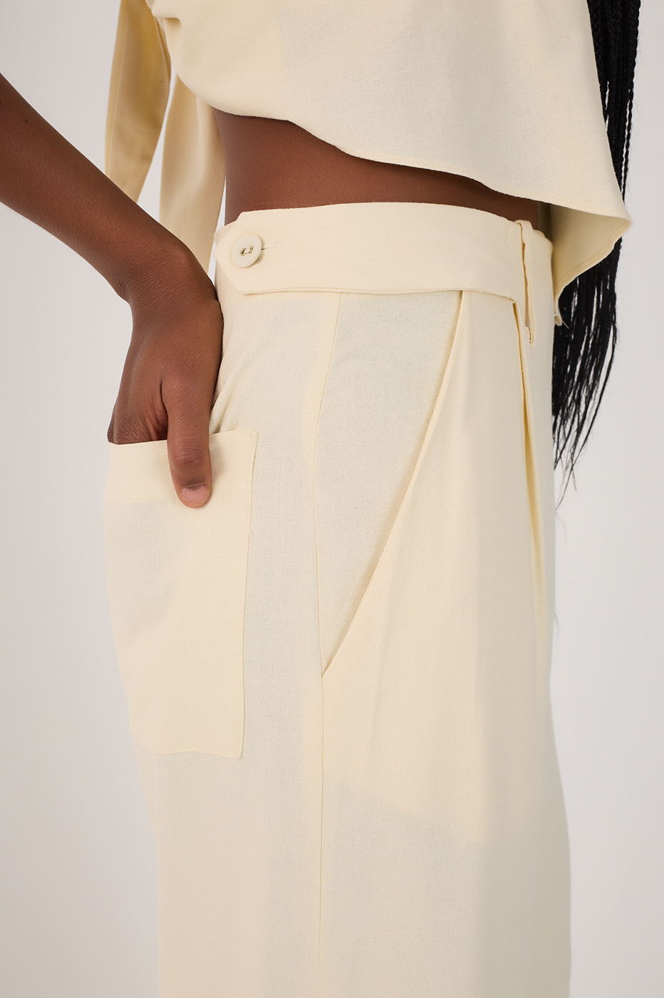 Beige Pockets Belt Loops Linen Pants