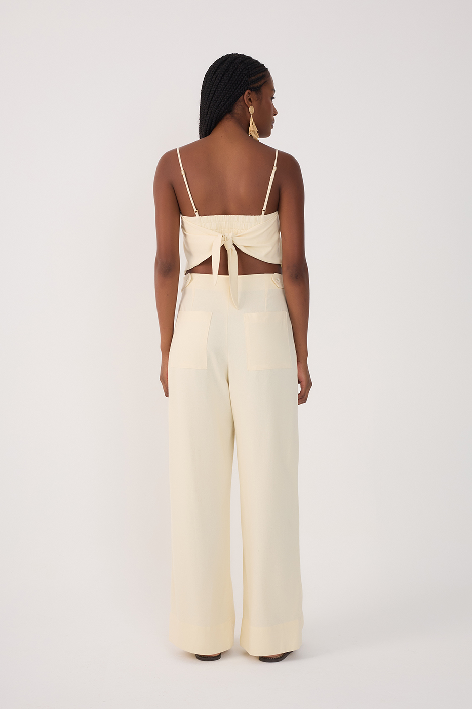 Beige Pockets Belt Loops Linen Pants