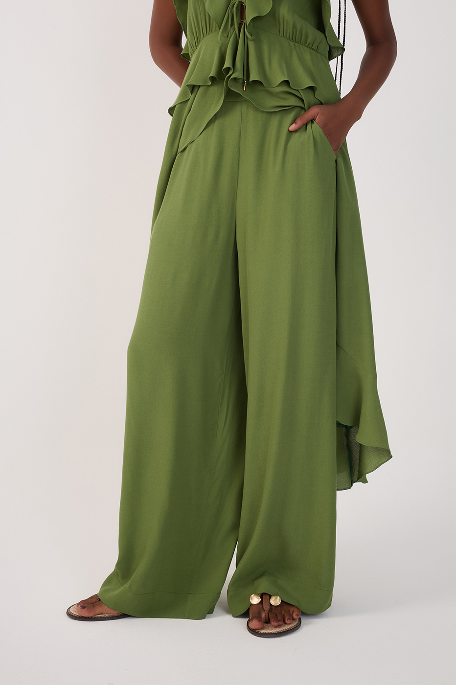 Green Coco Wide-Leg Crepe Pants