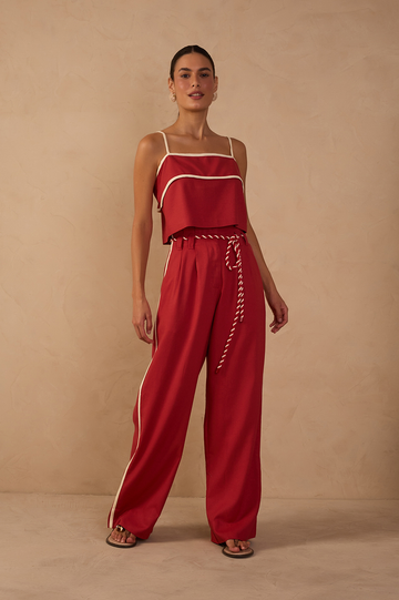 Red Rope Belt Pockets Pleats Linen Pants
