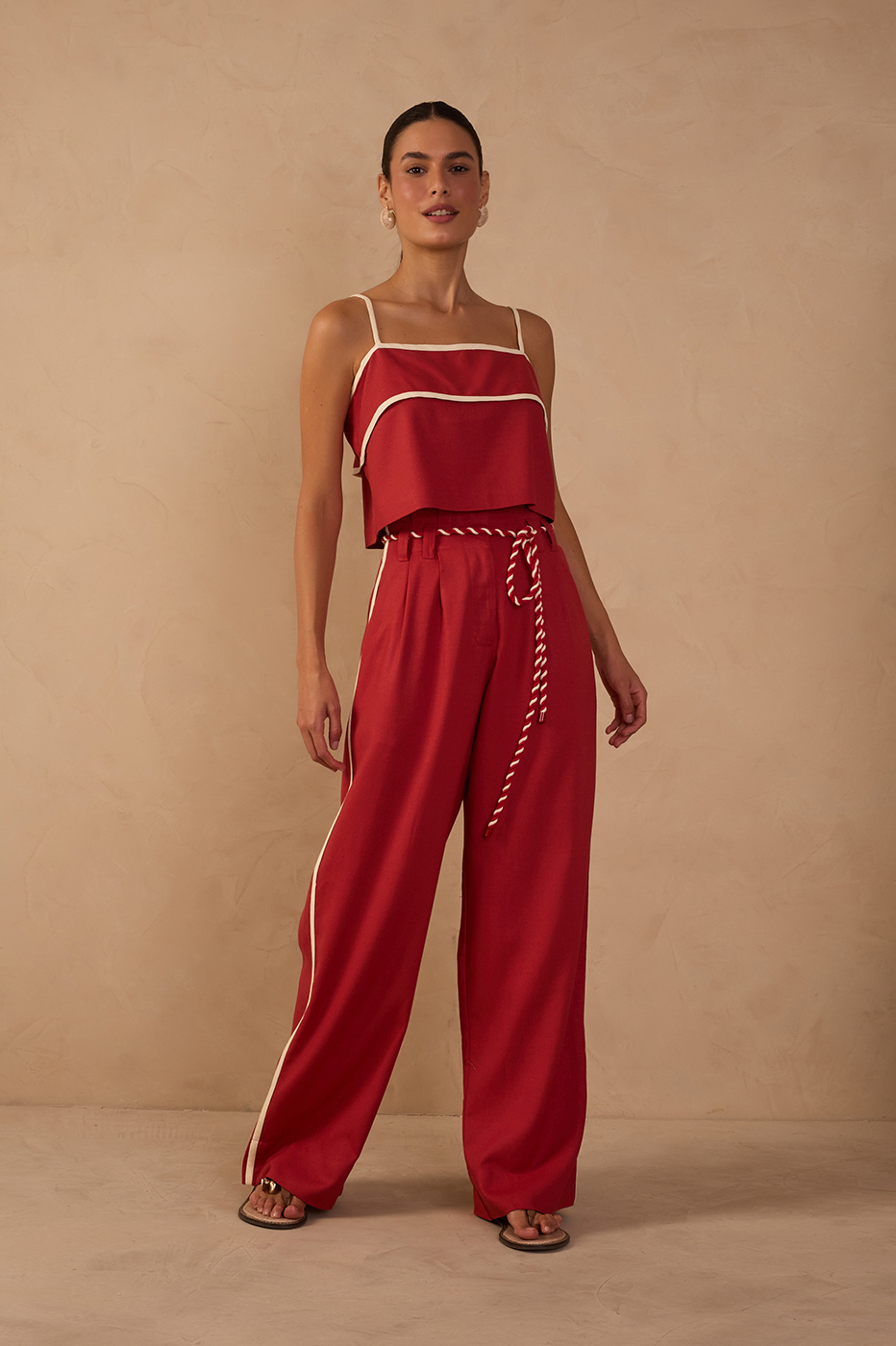 Red Rope Belt Pockets Pleats Linen Pants