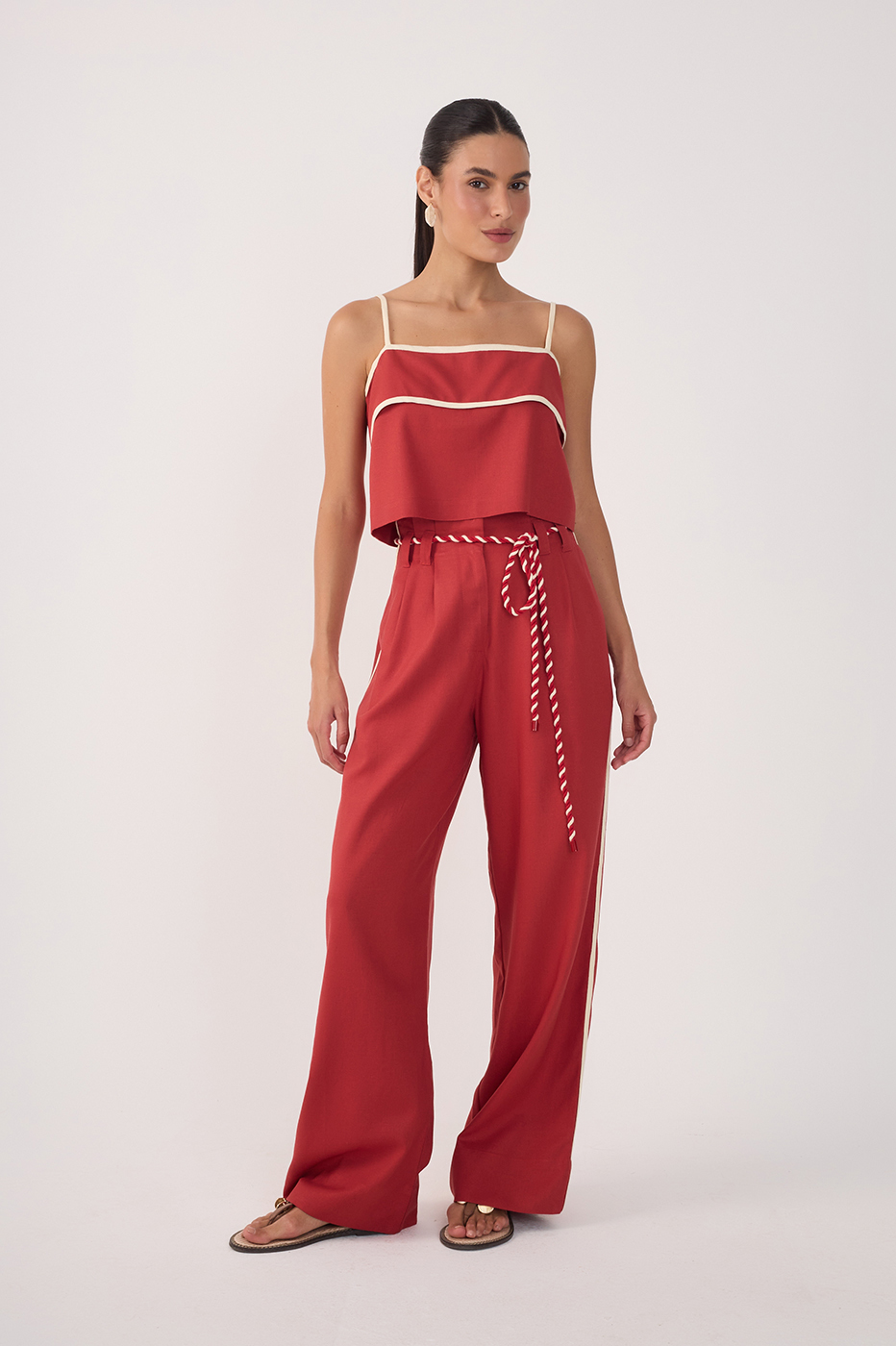 Red Rope Belt Pockets Pleats Linen Pants