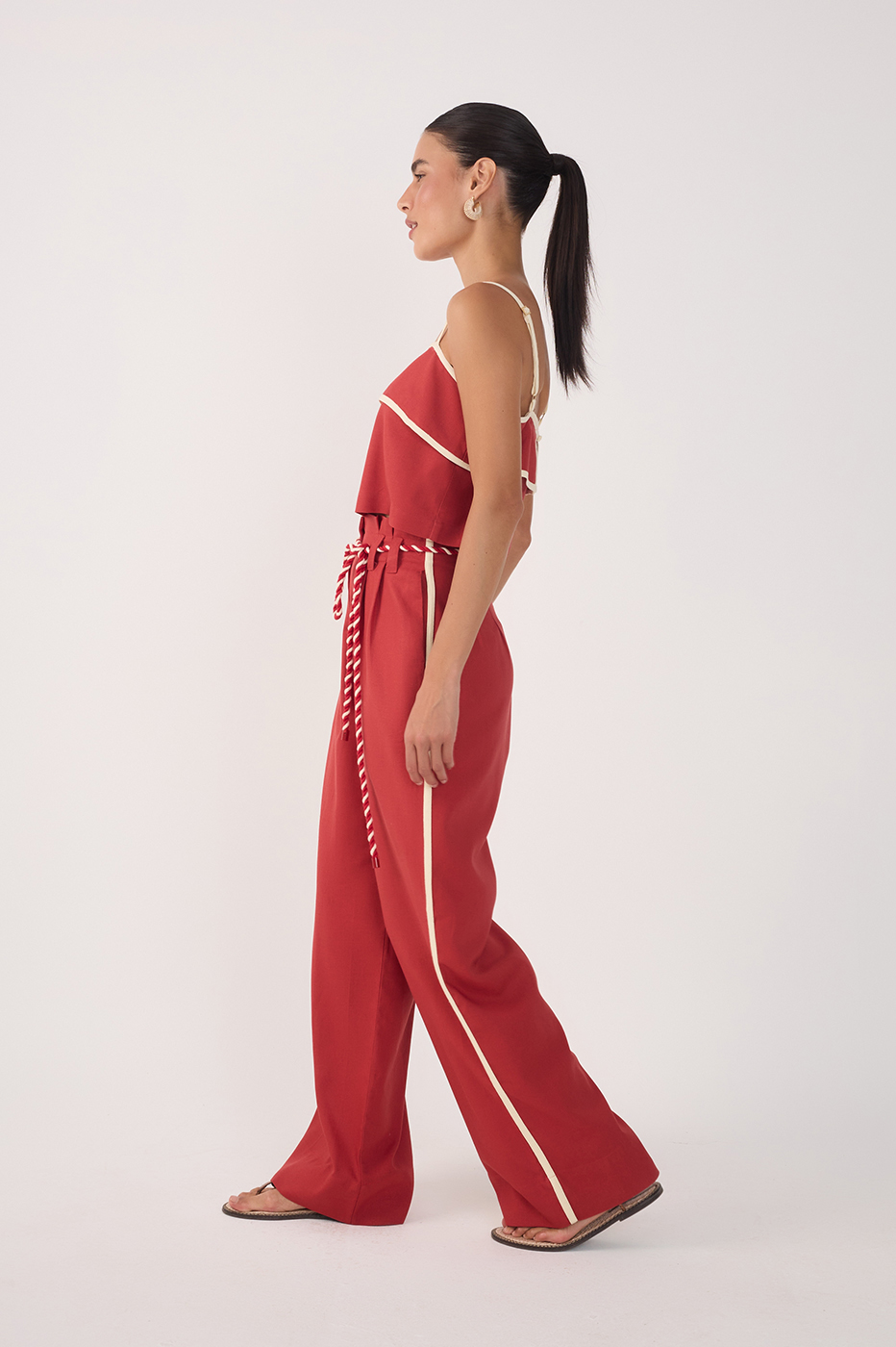 Red Rope Belt Pockets Pleats Linen Pants