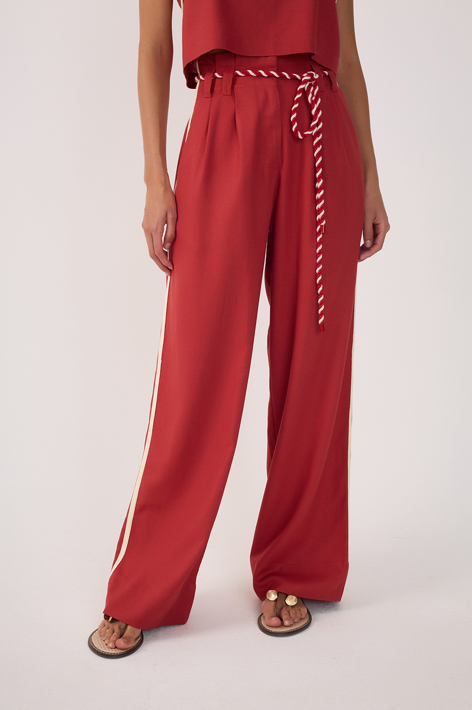 Red Rope Belt Pockets Pleats Linen Pants