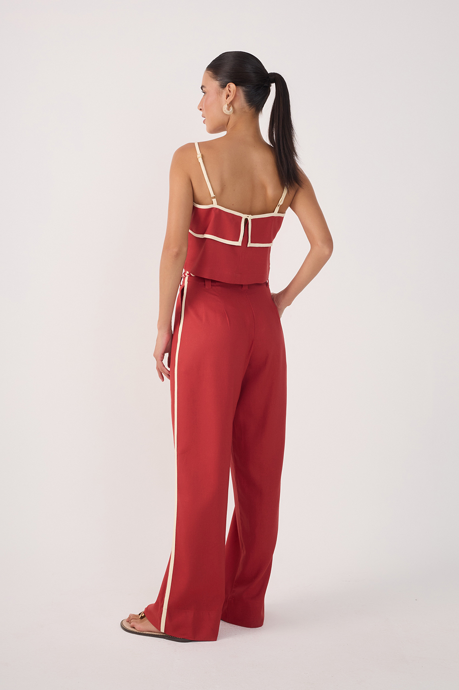 Red Rope Belt Pockets Pleats Linen Pants