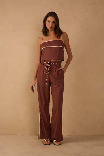Brown Rope Belt Pockets Pleats Pants