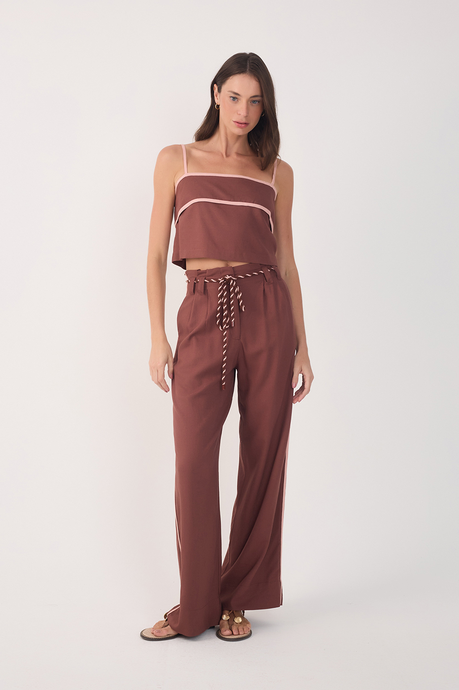 Brown Rope Belt Pockets Pleats Pants