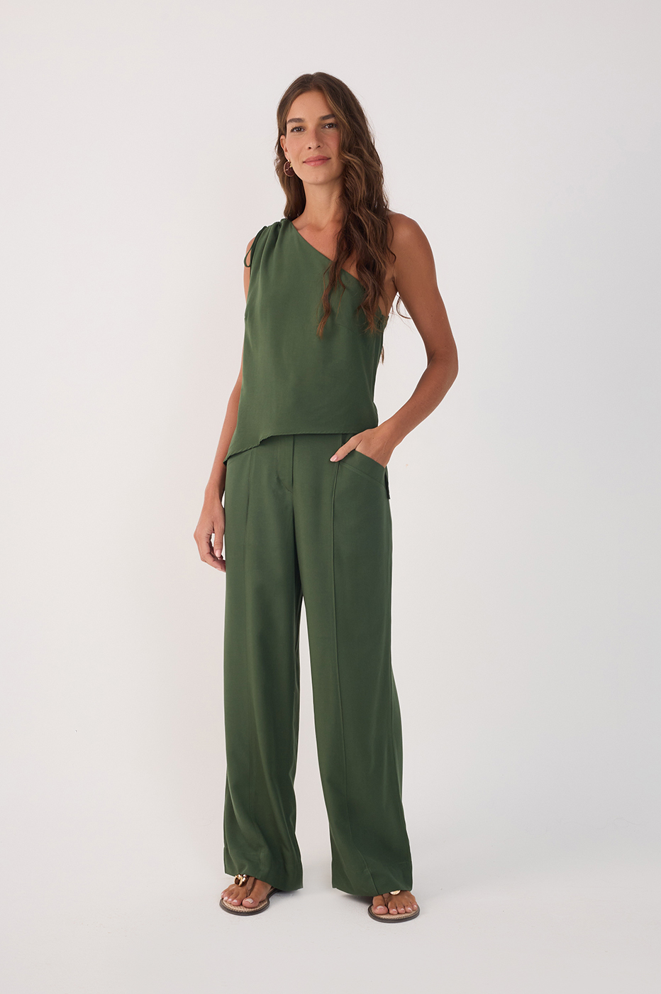 Green Pomar Asymmetric Pockets Pants