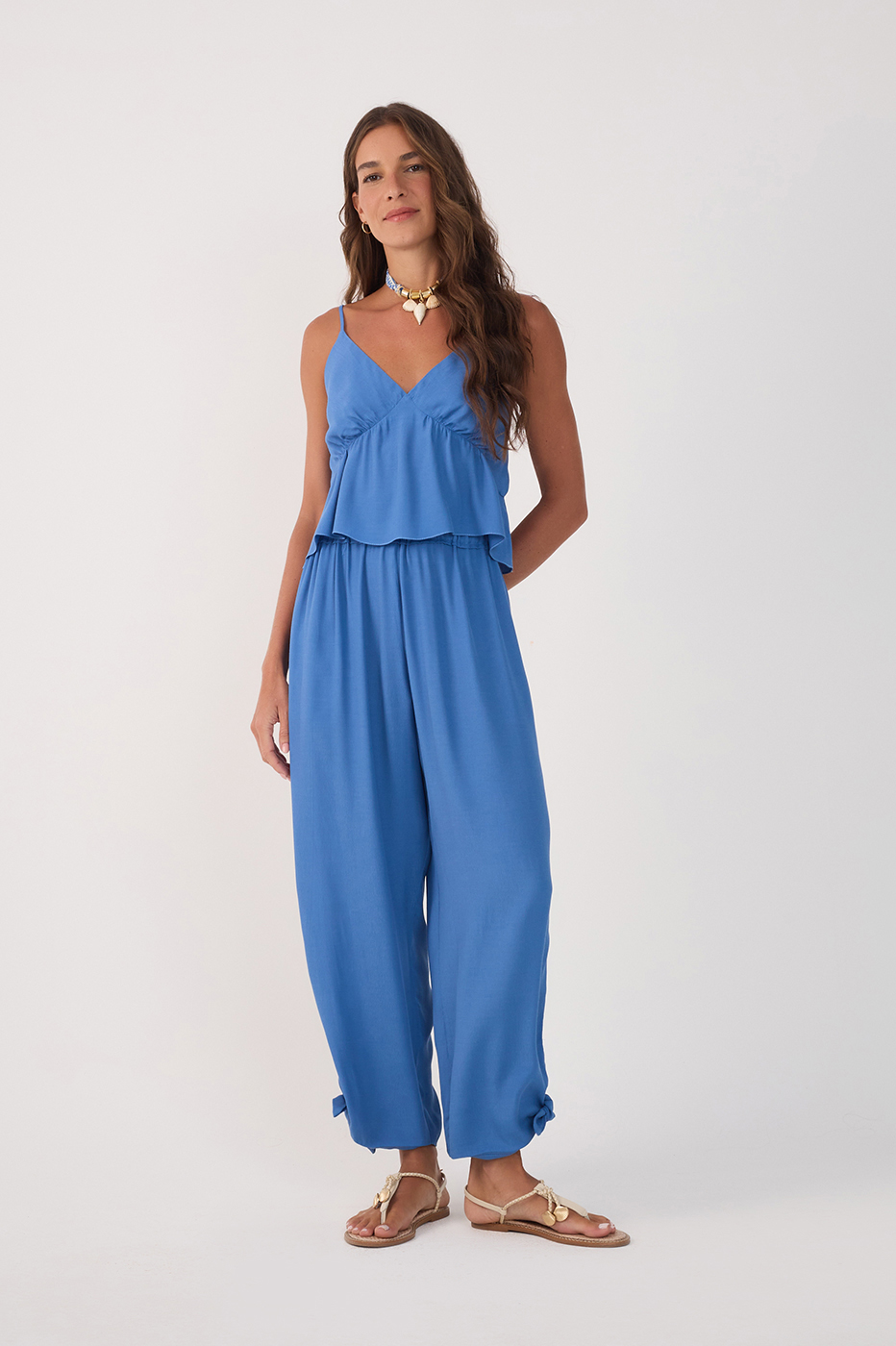 Blue Elastic Waist Cuff Ties Crepe Pants