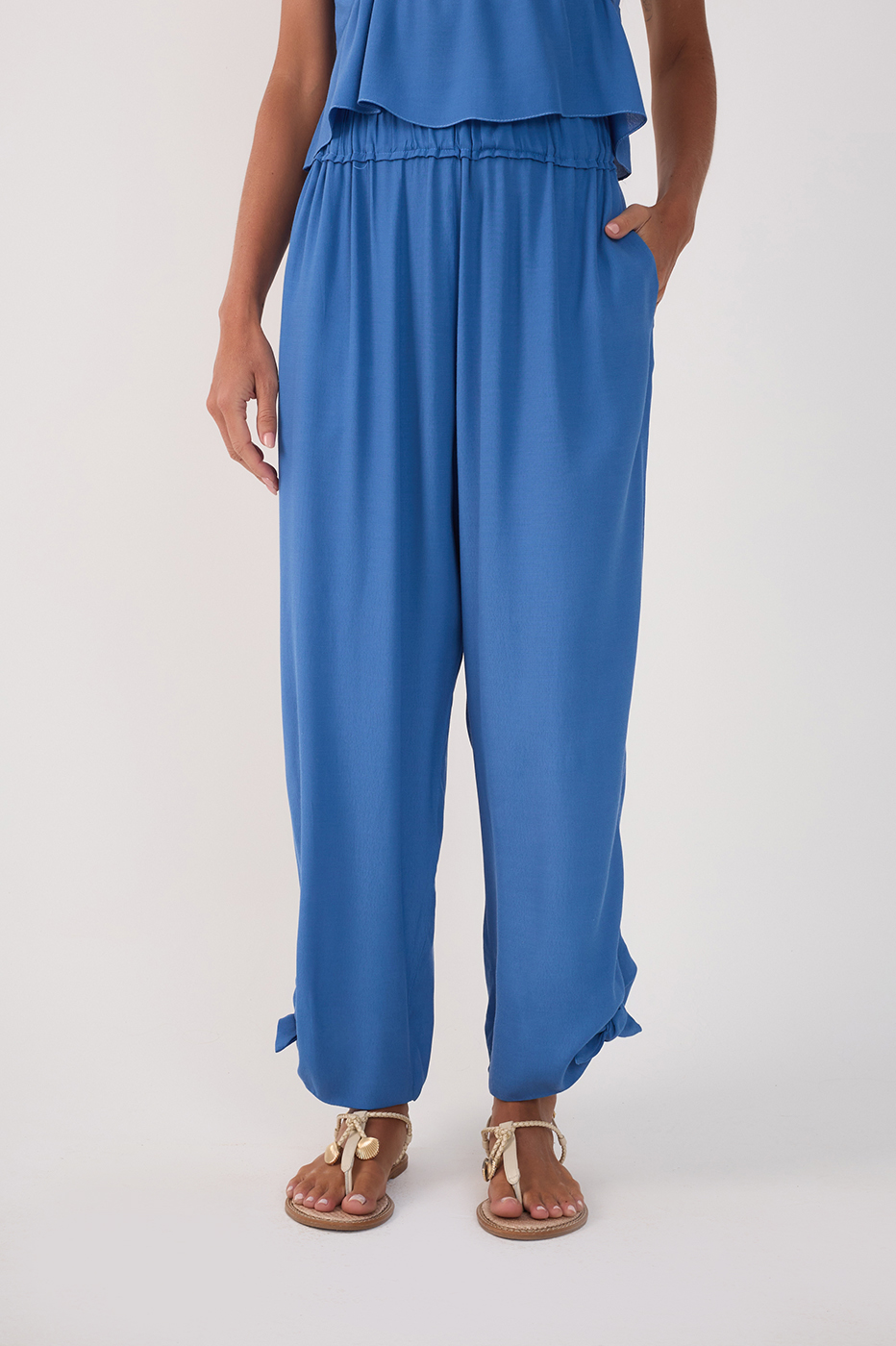 Blue Elastic Waist Cuff Ties Crepe Pants