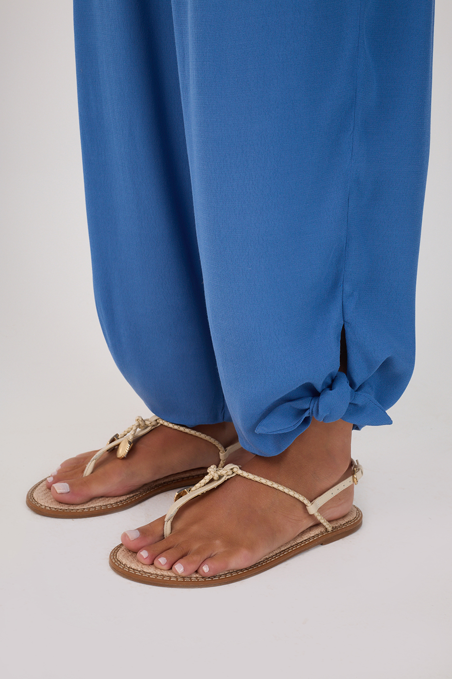 Blue Elastic Waist Cuff Ties Crepe Pants