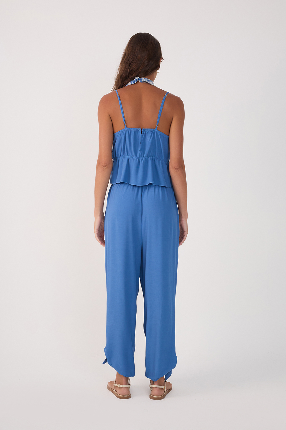 Blue Elastic Waist Cuff Ties Crepe Pants