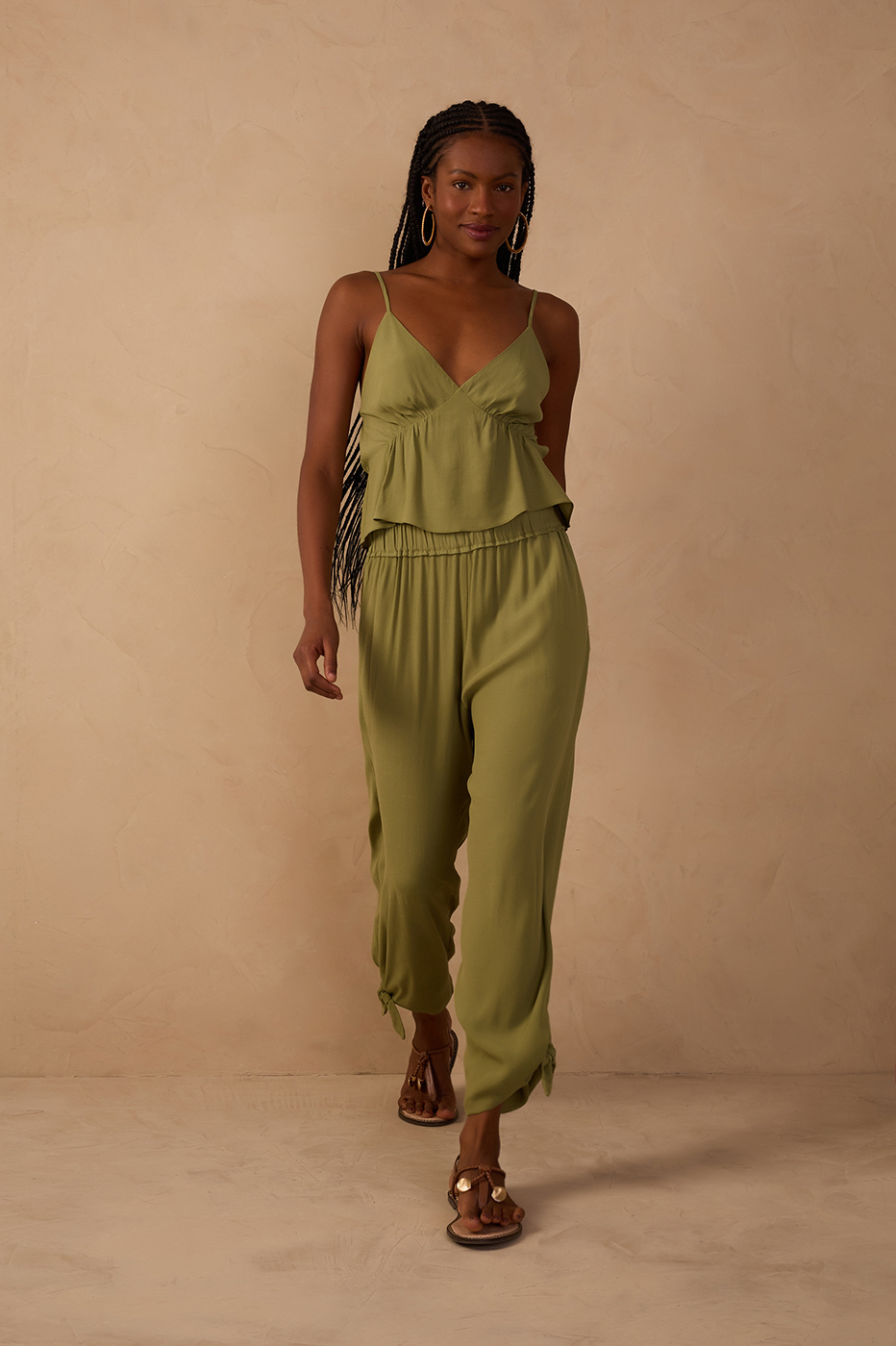 Green Elastic Waist Cuff Ties Crepe Pants