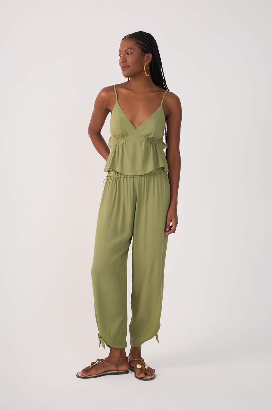 Green Elastic Waist Cuff Ties Crepe Pants
