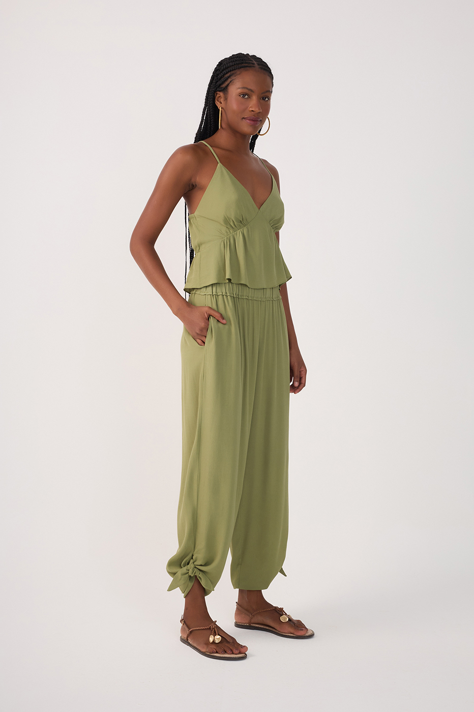 Green Elastic Waist Cuff Ties Crepe Pants