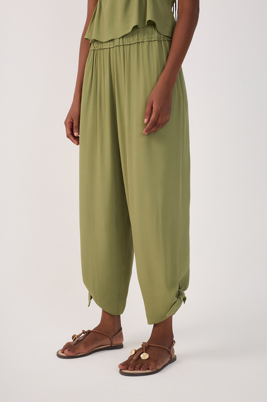 Green Elastic Waist Cuff Ties Crepe Pants