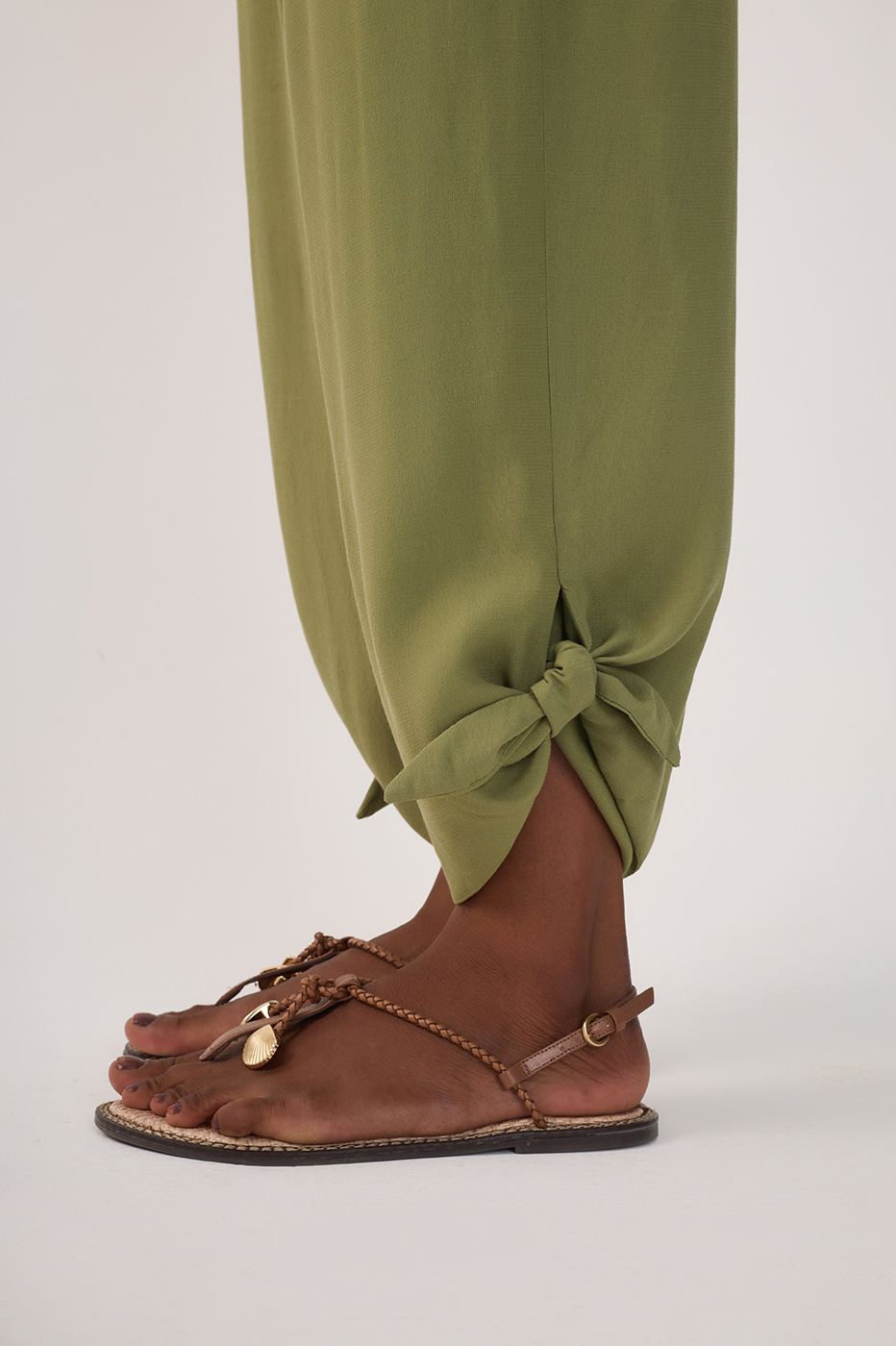 Green Elastic Waist Cuff Ties Crepe Pants