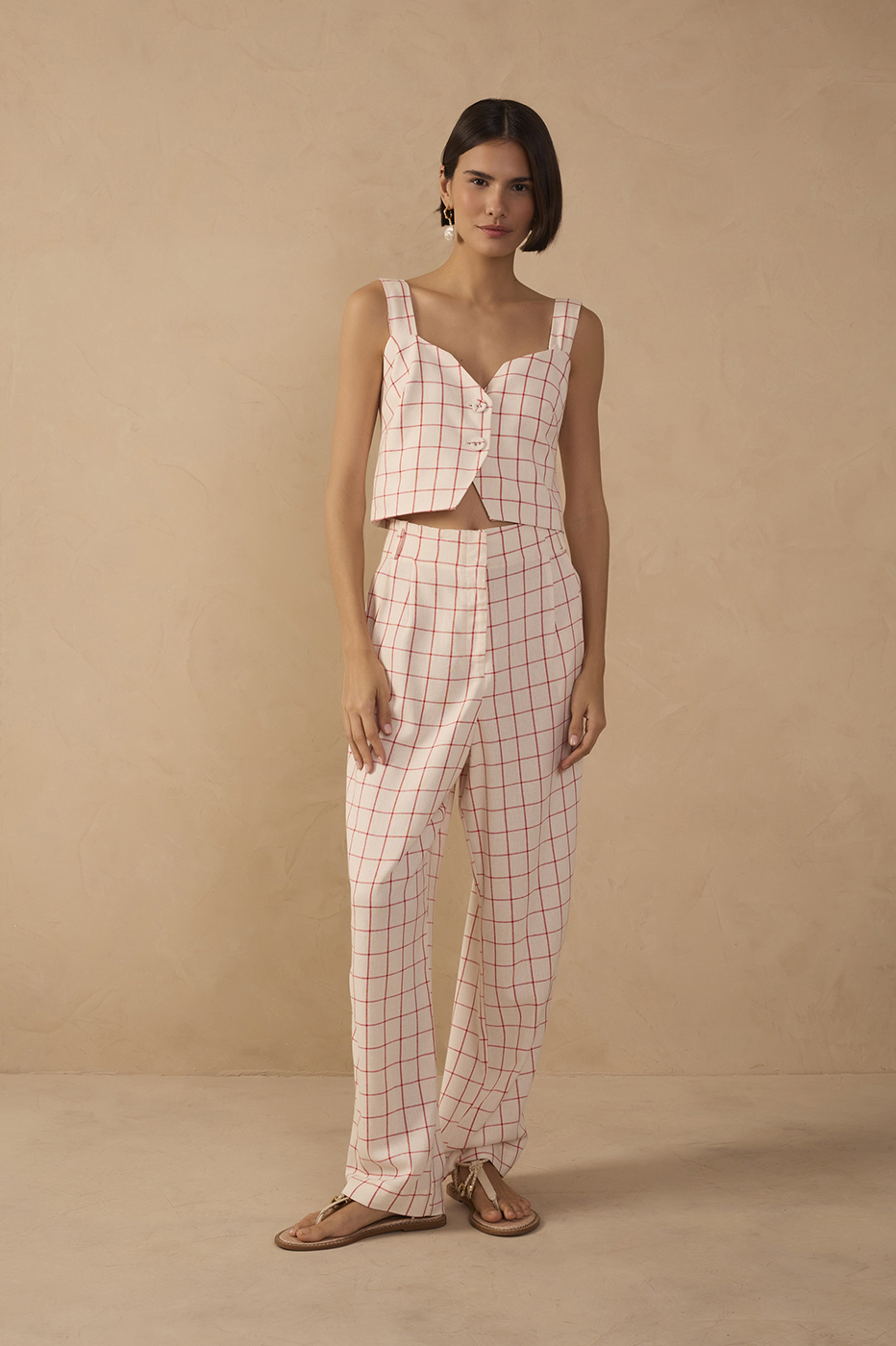 Off-White Plaid Linen Carrot Pants