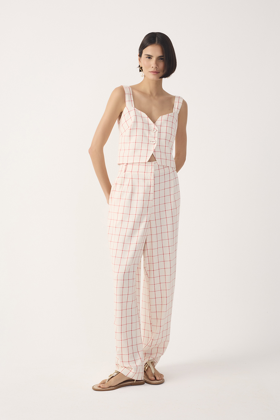 Off-White Plaid Linen Carrot Pants