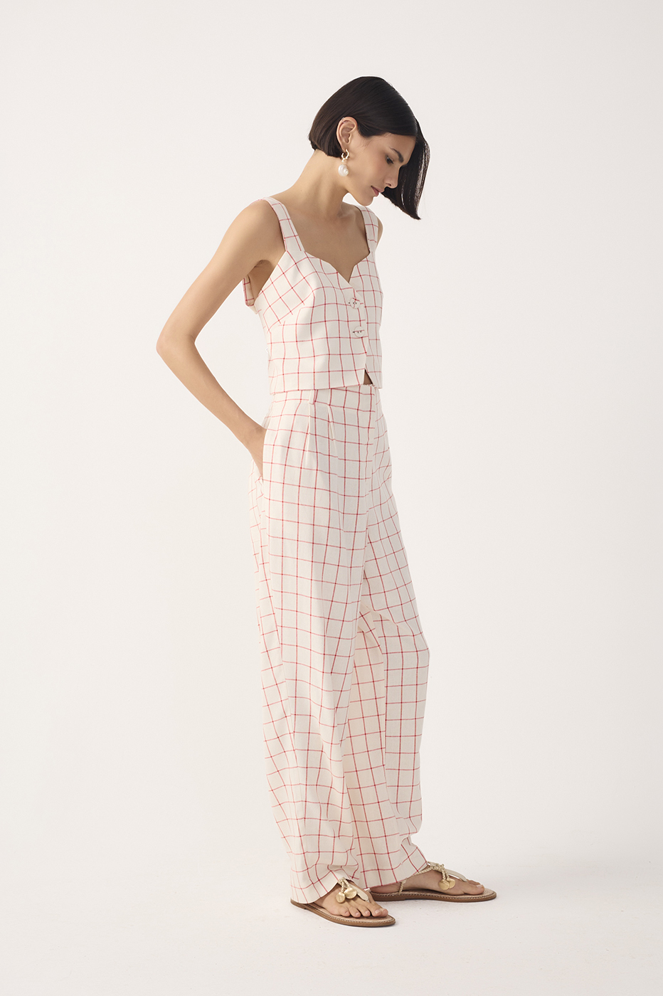 Off-White Plaid Linen Carrot Pants