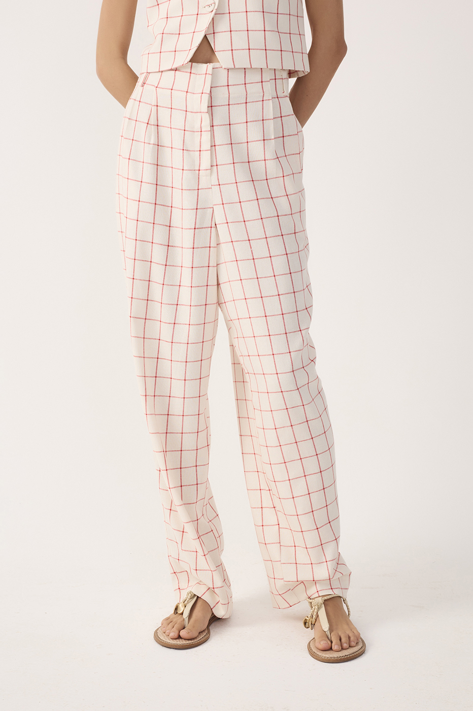Off-White Plaid Linen Carrot Pants