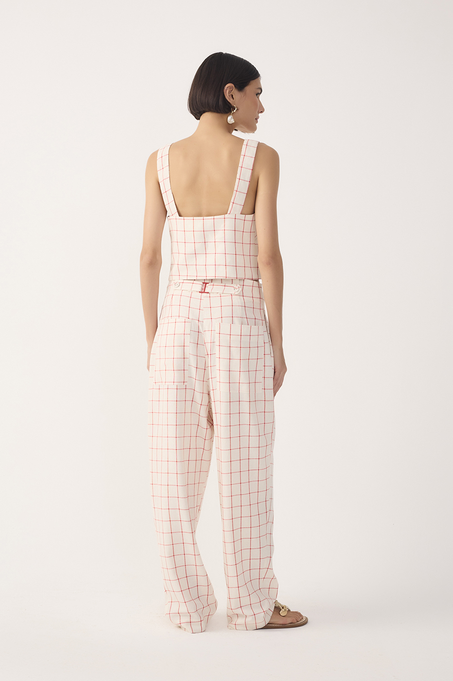 Off-White Plaid Linen Carrot Pants