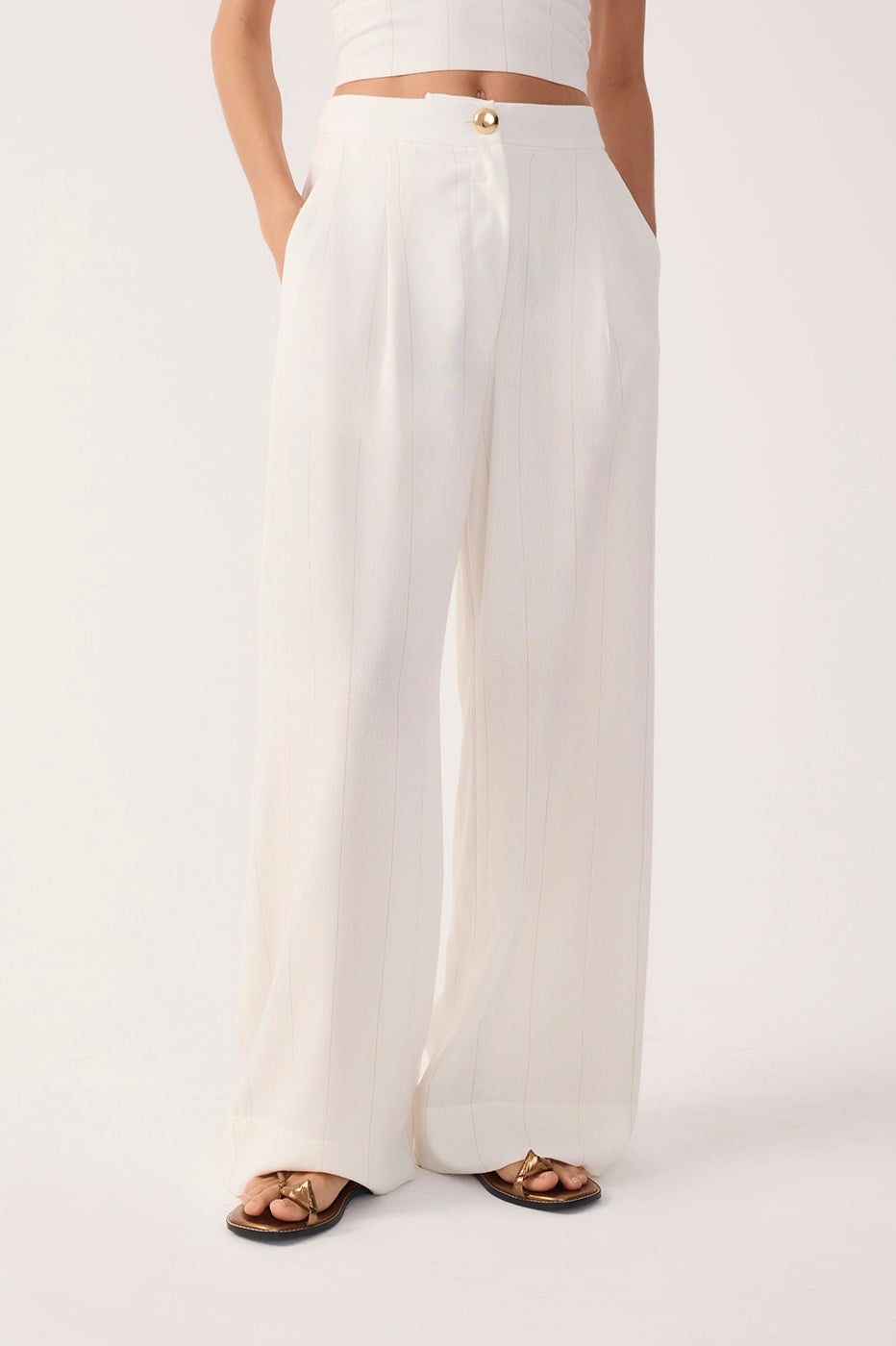 Off-White Pleated Lurex Stripes Linen Pants