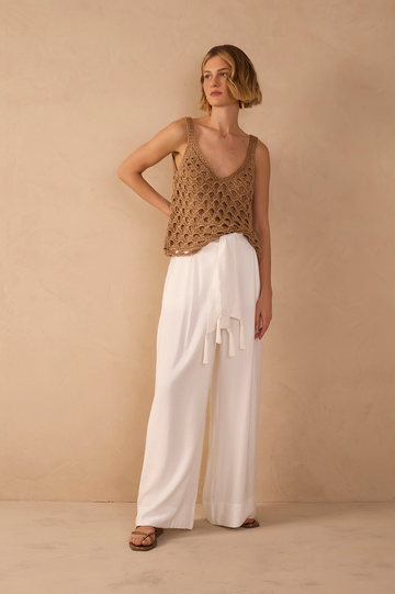 Off-White Wide-Leg Tie Waist Pants