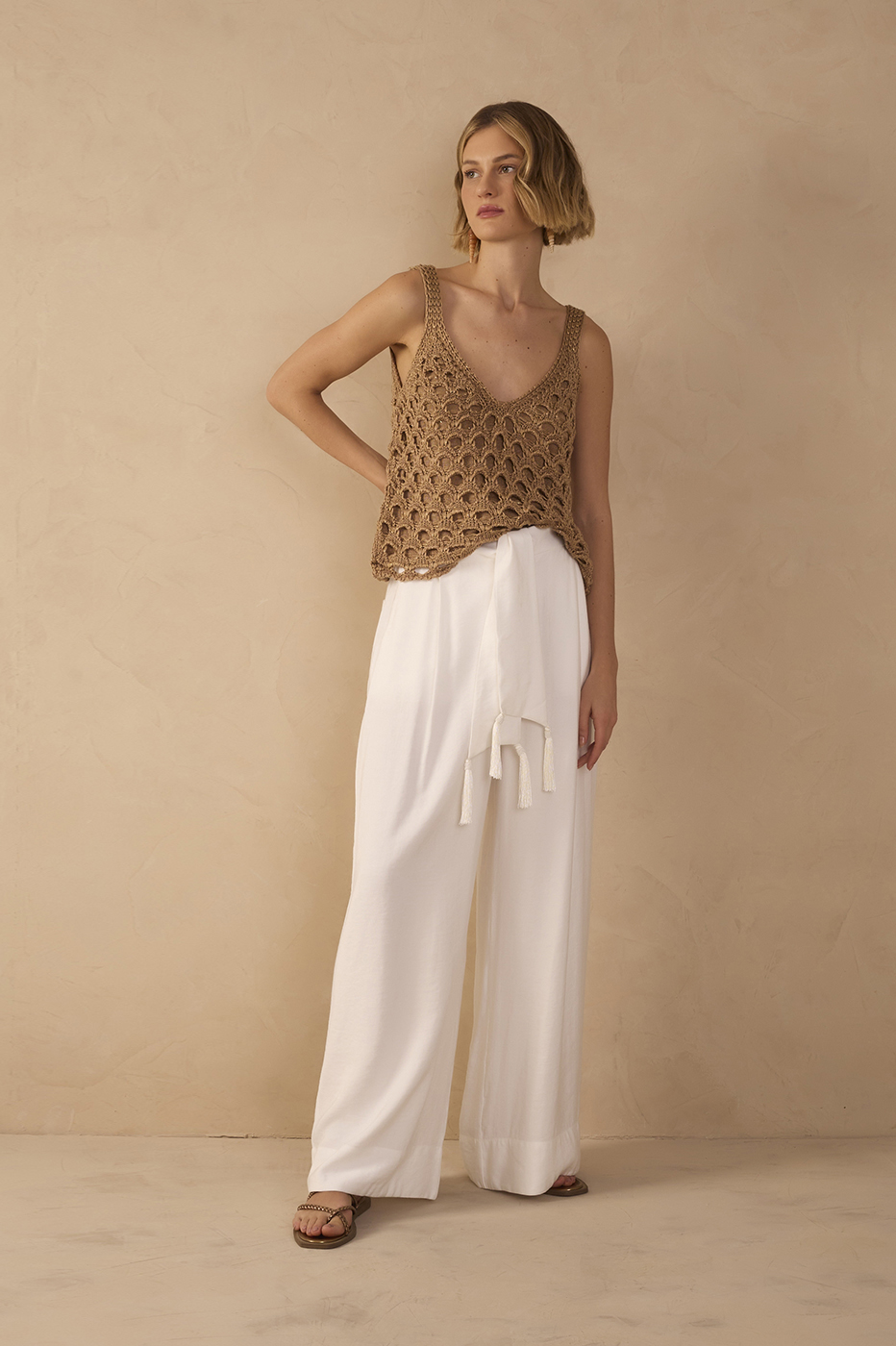 Off-White Wide-Leg Tie Waist Pants