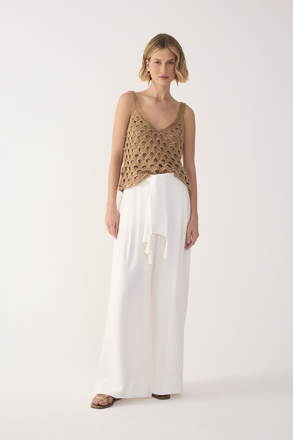 Off-White Wide-Leg Tie Waist Pants