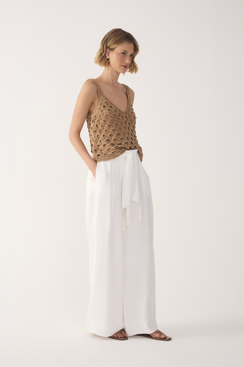 Off-White Wide-Leg Tie Waist Pants