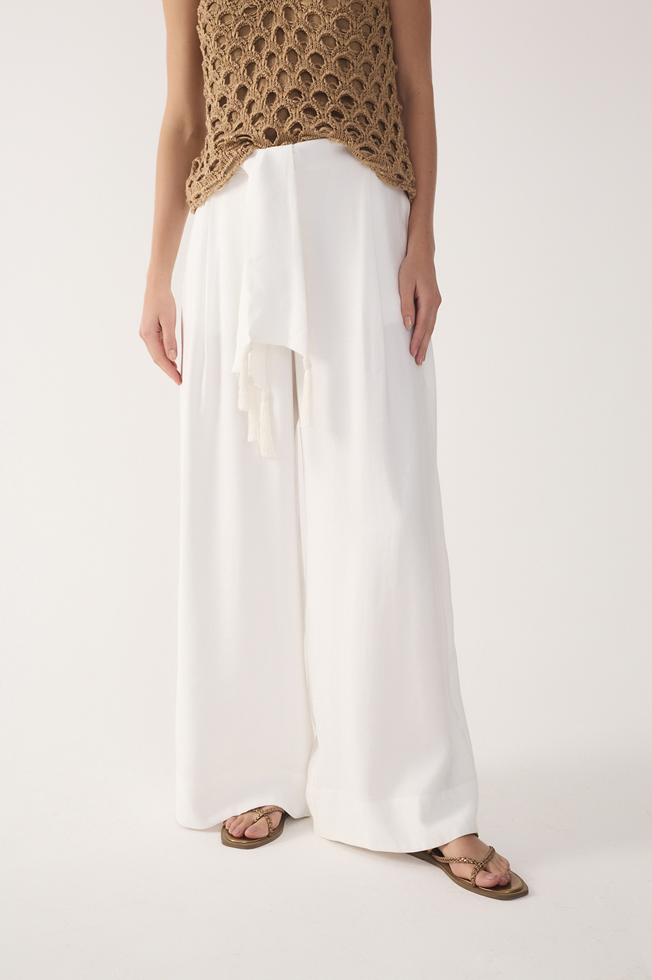 Off-White Wide-Leg Tie Waist Pants