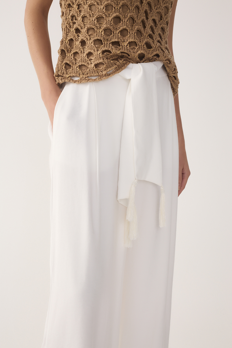 Off-White Wide-Leg Tie Waist Pants
