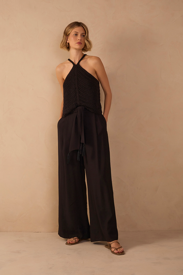 Black Wide-Leg Tie Waist Pants