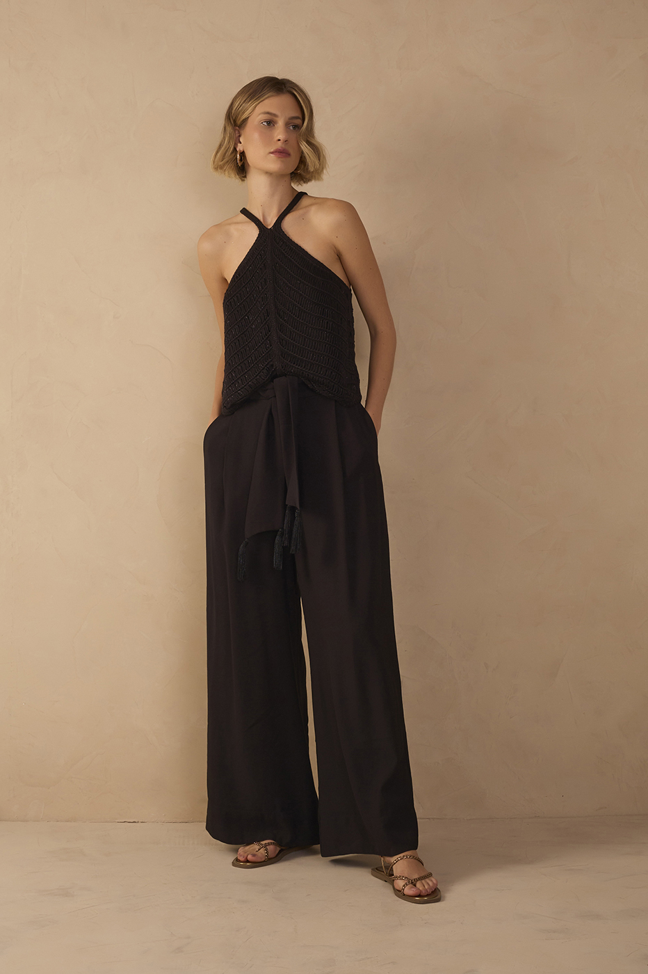 Black Wide-Leg Tie Waist Pants