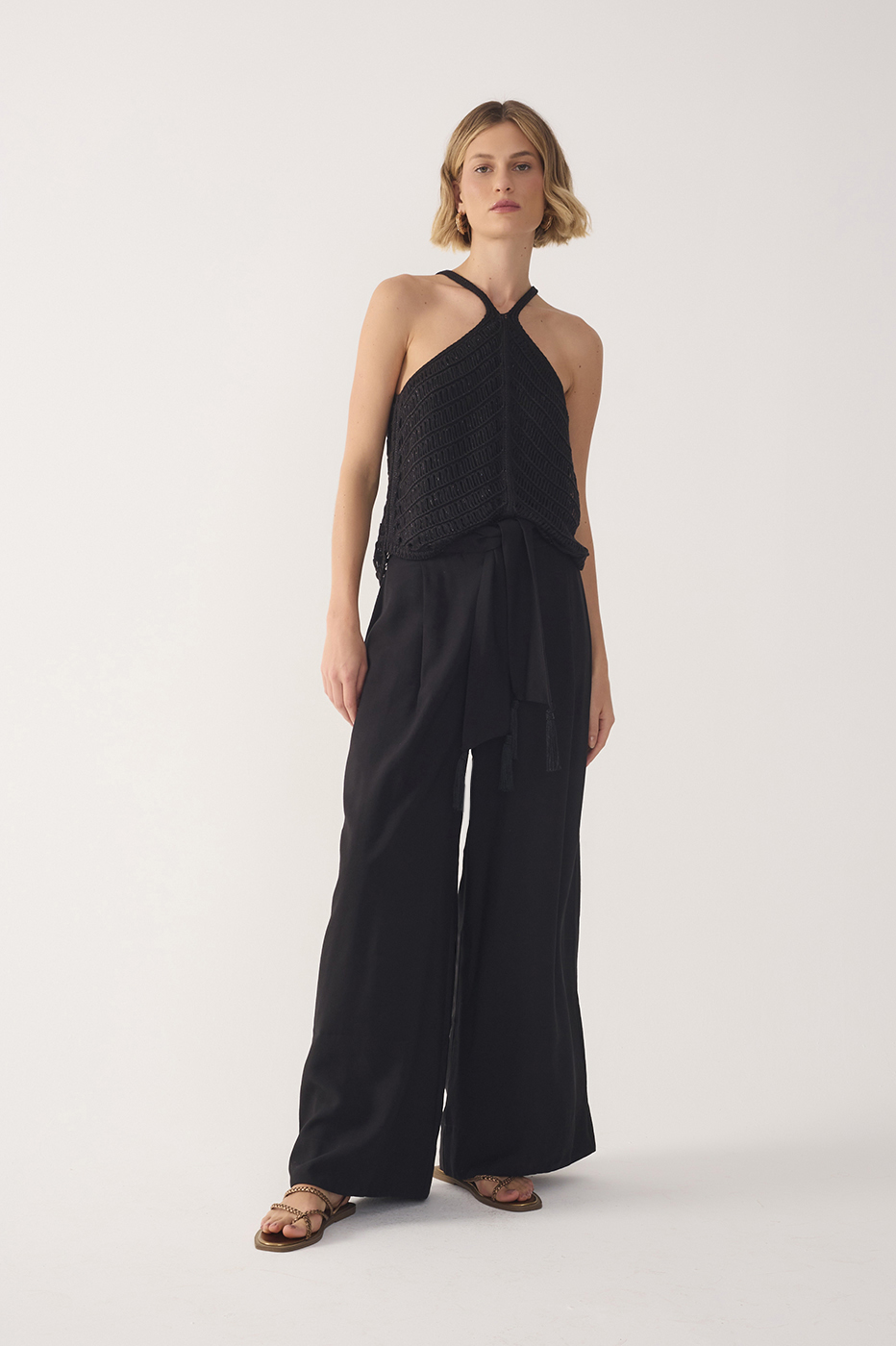 Black Wide-Leg Tie Waist Pants