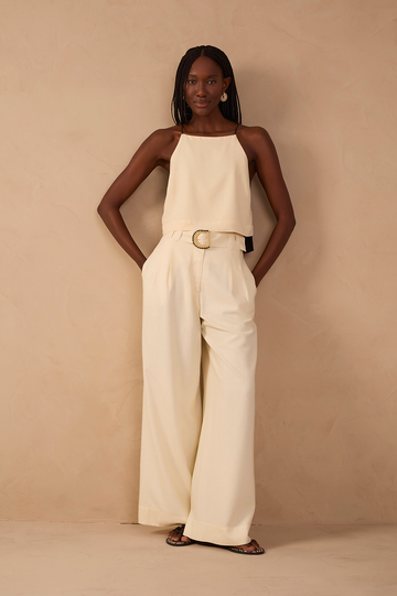Beige Beaded Buckle Wide-Leg Linen Pants