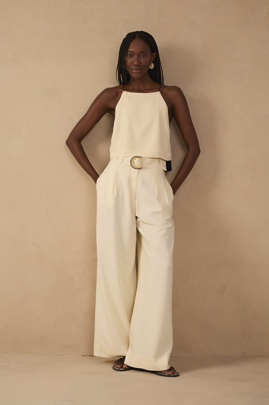 Beige Beaded Buckle Wide-Leg Linen Pants